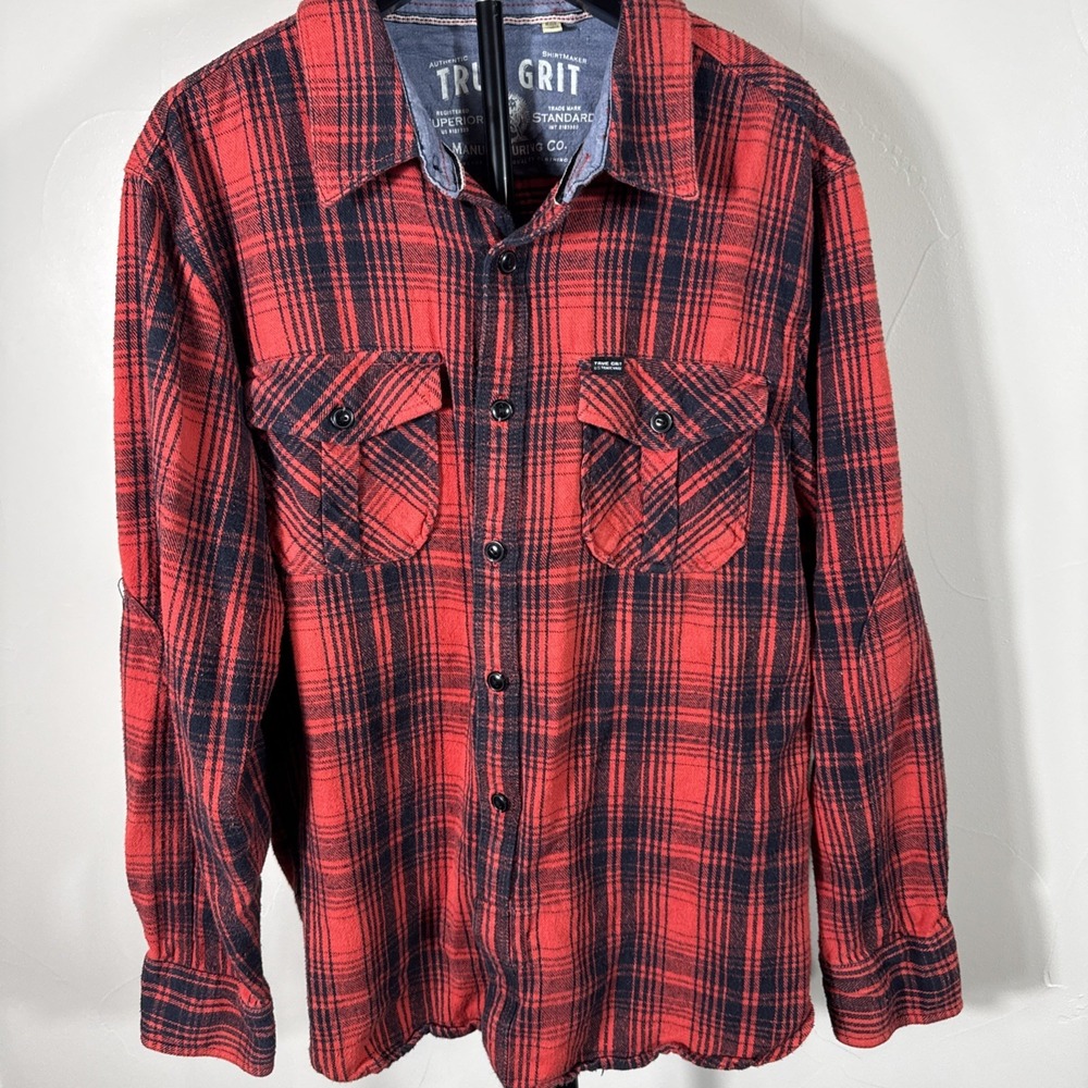 True Grit Flannel Shirt‎ Large Red Black Plaid Button Up Made in USA